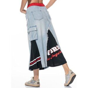Galita - S, M Women's Elastic‎ Waist Self Tie Pockets Contrast Denim Maxi Skirt